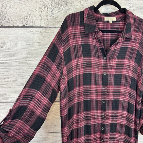 Side Stitch Women's Black & Purple Plaid Textured Button Up Dress Size XL - Picture 4 of 8